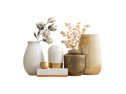 Marble vase white flowers gold striped vase gold flowers decorative image, Isolated On Png Transparent Background - Powered by Adobe
