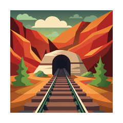 Train Tracks Leading Into Tunnel Under Hills Illustration