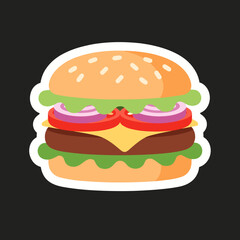 Colorful Cartoon Burger with Lettuce, Tomato, Onion, Cheese, and Patty Illustration