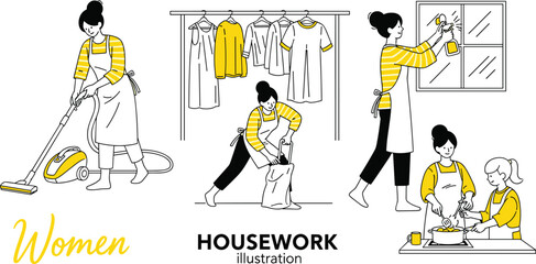 Housework vector illustration, women doing chores, cleaning, laundry, cooking, domestic activity, cartoon style, flat design, black yellow white