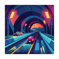 Tunnel With Glowing Lights And Cars Speeding Through Vector
