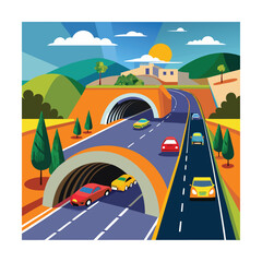 Highway Tunnel With Colorful Cars Passing Vector