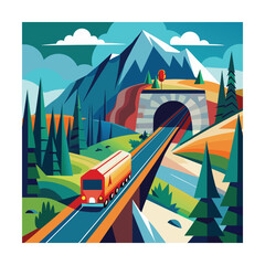 Mountain Tunnel With Colorful Truck Passing Vector