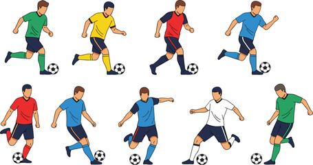 Soccer player vector illustration, diverse uniforms, dribbling action poses, cartoon sports characters, flat design, black yellow white, team concept
