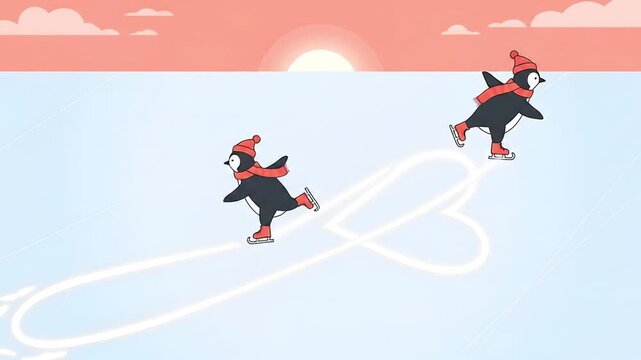 Cartoon penguins ice skating making heart shapes