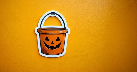 A Halloween bucket sticker is attached on a yellow wall background