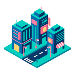 Fototapeta premium Isometric Cityscape Illustration with Modern Buildings, Street, and Teal Platform, Vector Design