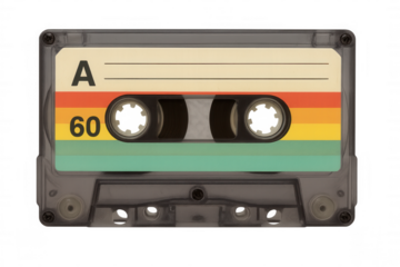 Vintage transparent audio cassette close-up, representing analog music era and nostalgic sound recording technology