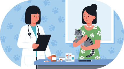 Veterinary clinic vector illustration, vet with clipboard and pet owner, cat check-up scene, flat design, black yellow white, cartoon style
