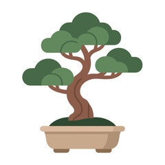Obraz premium Stylized Bonsai Tree in a Pot Illustration with Green Foliage and Brown Trunk, Simple Flat Design