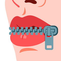 Illustration of a Woman's Mouth with a Zipper Closing the Lips, Symbolizing Silence and Censorship