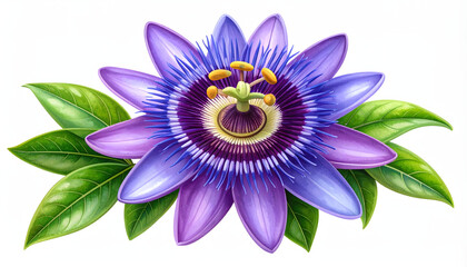 A detailed hand-painted vector illustration of a single exotic passion flower bloom, featuring vibrant purple and blue petals with delicate watercolor-style textures and green leaves