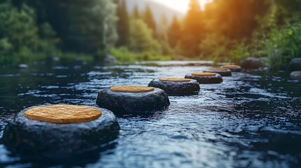 Stepping stones create a pathway across a flowing river in a serene natural landscape at sunrise symbolizing progress