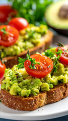 Fresh slice of toast with creamy avocado, juicy cherry tomatoes and green parsley. Tasty food.