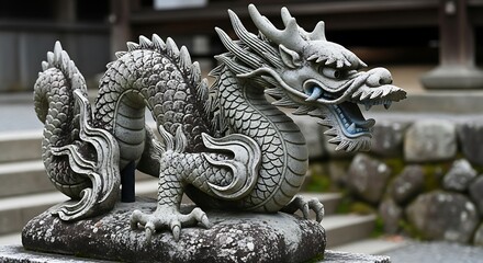 Fototapeta premium Stone Dragon Statue at a Japanese Temple.