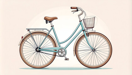 A minimalist line art vector illustration of a classic, vintage bicycle with thin frame details, a basket, and soft, warm colors, evoking a feeling of leisurely travel