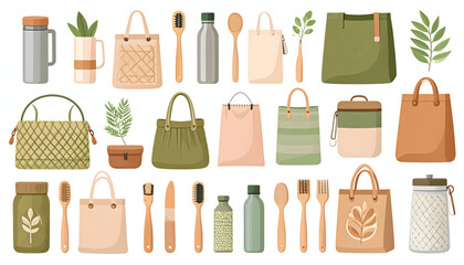 A modern flat vector set of various eco-friendly and reusable items, including bamboo toothbrushes, glass bottles, and tote bags, in a clean and natural color palette