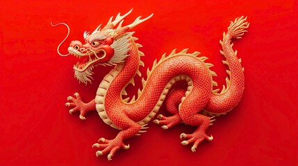 Obraz premium Majestic Dragon Emblem: A vibrant red dragon, a symbol of power and good fortune, exquisitely displayed against a rich red backdrop, bringing the rich heritage to life.