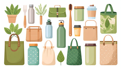 A modern flat vector set of various eco-friendly and reusable items, including bamboo toothbrushes, glass bottles, and tote bags, in a clean and natural color palette