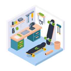 Obraz premium Isometric View of a Skateboard Workshop with Tools and Skateboards, a Creative Hobby Space Illustration