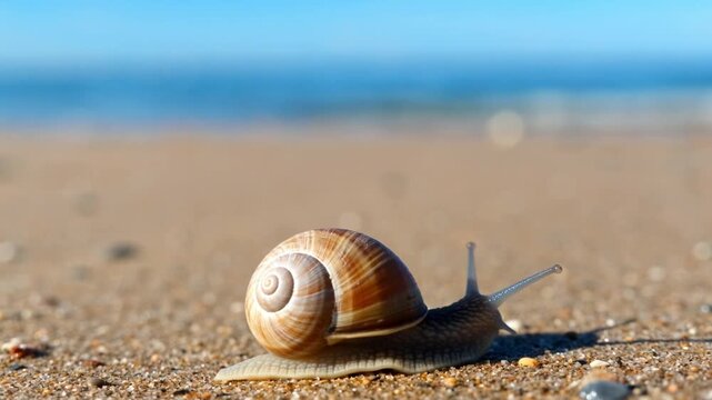 Close-up of a brown snail crawling slowly on sandy beach surface in natural daylight