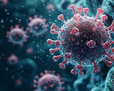 Microscopic view of virus particles with detailed spike proteins against a dark blurred background