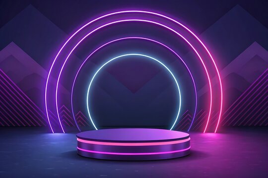 Neon Ring Podium Mockup with Glowing Purple and Pink Lights
