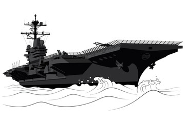 Monochromatic Illustration of a Large Aircraft Carrier Sailing Through Wavy Seas, Maritime Power Displayed