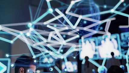 People are looking at screen with blue background. Man analyzes the data of professional network. A futuristic digital teamwork connection on a futuristic screen. Individuals are gazing at lifestyle.