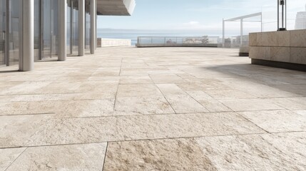 Obraz premium Modern Rooftop Terrace with Stone Tile Flooring and Cityscape Views, Ideal for Real Estate and Architectural Visualization