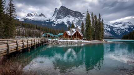Scenic Lakefront Cabin Retreat in the Mountains: Emerald Lake Lodge, Serene Waters, and Snow-Capped Peaks