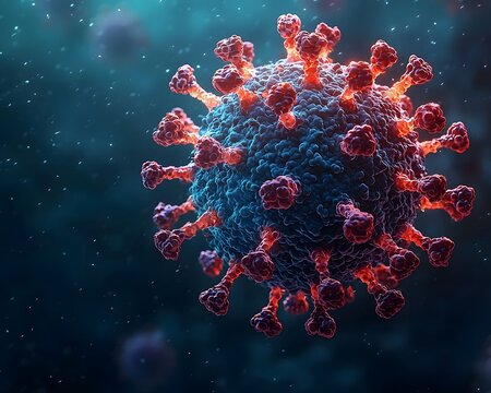 Detailed 3D illust n of a virus particle with spiky surface against a dark blurred background