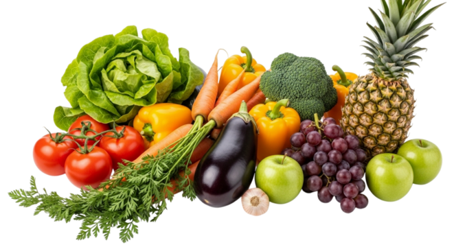 Assortment of fresh fruits and vegetables on a black background