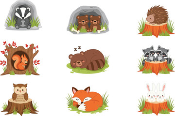 Cute woodland animals in natural forest scenes, cartoon wildlife characters, nature habitat illustrations for children’s books, education, and seasonal design © Mam's Creations