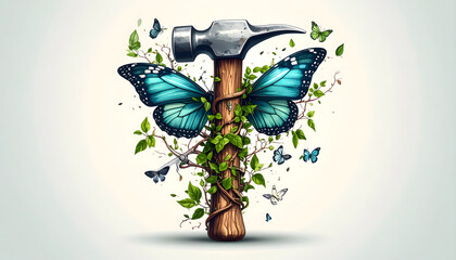 A surreal vector illustration of a hammer with butterfly wings and leaves, surrounded by smaller butterflies, blending industrial tools with organic elements