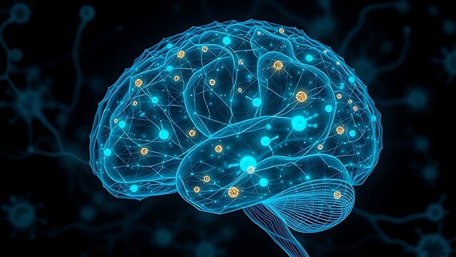 An artistic depiction of a human brain, its neural pathways intricately woven from glowing microscopic bacteria and organic patterns.