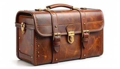 A detailed vector illustration of a vintage, brown leather suitcase, with worn textures, intricate stitching, and polished brass buckles on a white