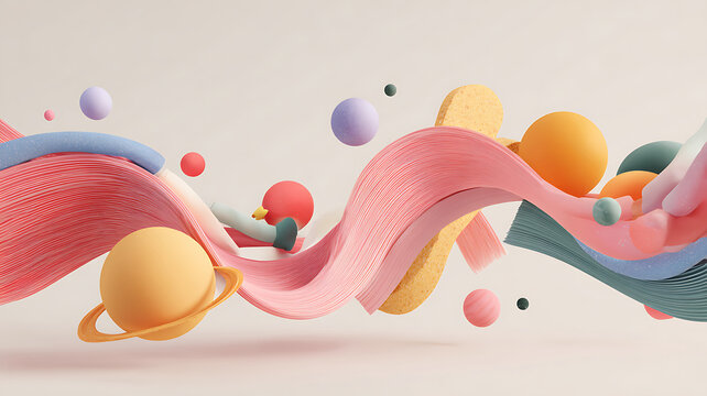 Abstract colorful pastel geometric shapes floating, depicting creativity, modern art, and design.