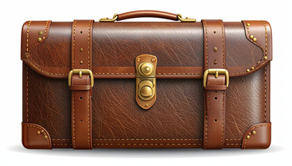 A detailed vector illustration of a vintage, brown leather suitcase, with worn textures, intricate stitching, and polished brass buckles on a white