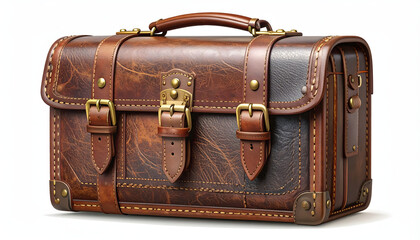 A detailed vector illustration of a vintage, brown leather suitcase, with worn textures, intricate stitching, and polished brass buckles on a white