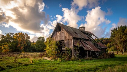 Obraz premium Abandoned Barn Surrounded by Nature under Dramatic Cloudy Sky