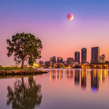 City skyline reflected on calm water at twilight with a partial lunar eclipse