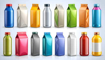 A 3D-inspired vector illustration of food and drink packaging, featuring exaggerated proportions, vibrant colors, and reflective surfaces, on a white background