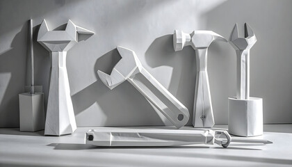 A photograph of abstract, hand-crafted paper models of common tools, including a hammer, wrench, and screwdriver, cast in stark shadows