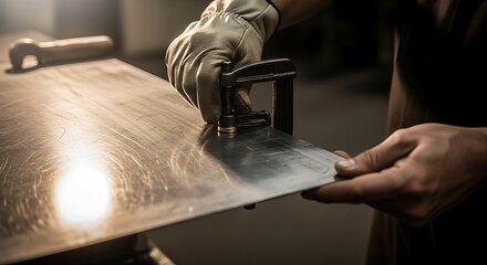 Metalworker secures sheet metal with clamp for industrial fabrication