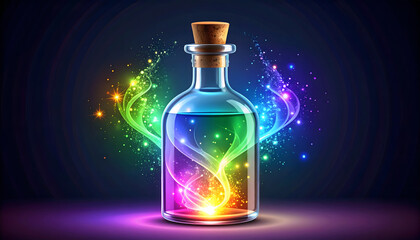 An abstract vector illustration of a glowing magic potion bottle, filled with swirling, colorful vapor and vibrant particles, on a dark background