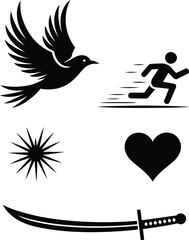 A Collage of Black and White Icons Featuring a Bird in Flight, a Running Person, Star, Heart, and a Sword