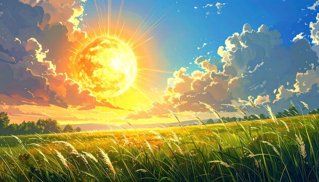 Radiant sun over a lush field with fluffy clouds, anime illustration