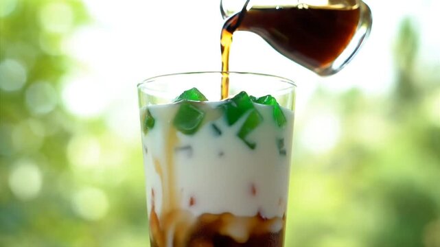 Pouring Syrup into a Glass of Buko Pandan Dessert