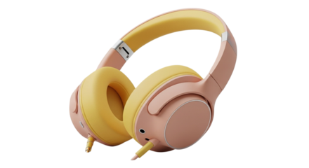 Bright yellow and pink over ear headphones with cord